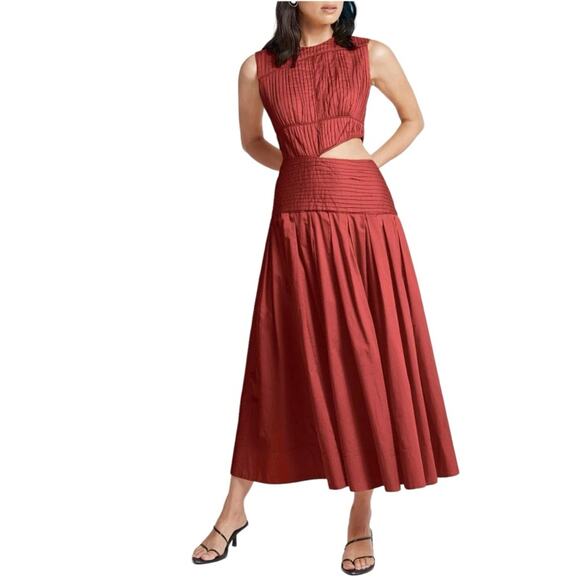 AJE Pleated Cotton Sleeveless Cut Out A-Line Burgundy Cascade Midi Dress - Picture 1 of 15